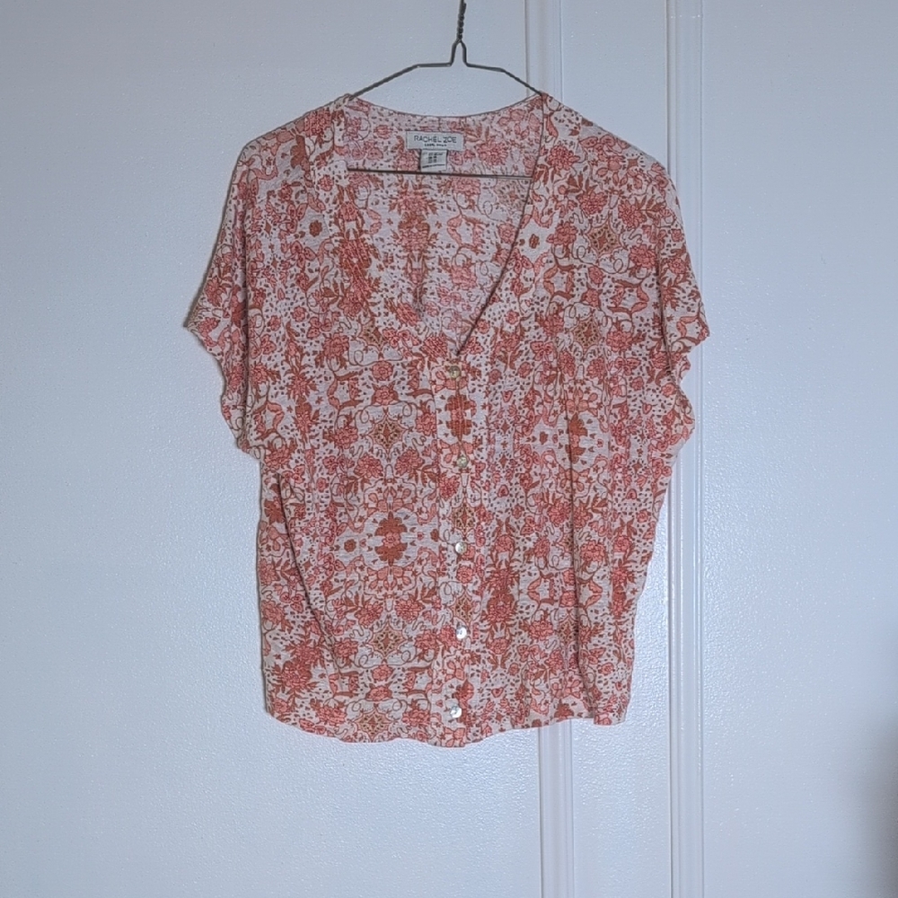 Rachel Zoe Coral and White Floral Button-Front Blouse
